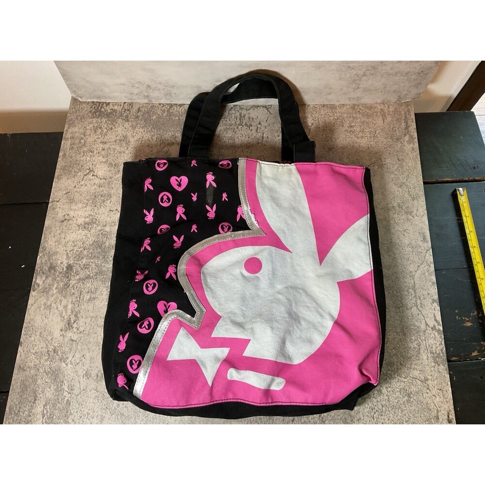 Y2K Playboy Bunny Logo Tote Bag Purse Vtg Canvas Black Pink Embellished 16"